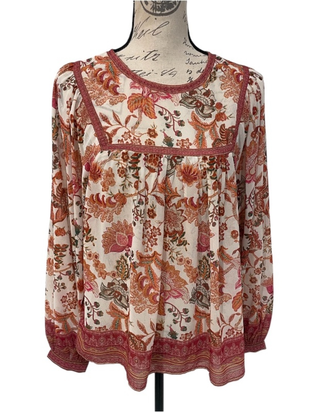 Flying Tomato Boho Floral Peasant Blouse Small Pink Orange Sheer Top